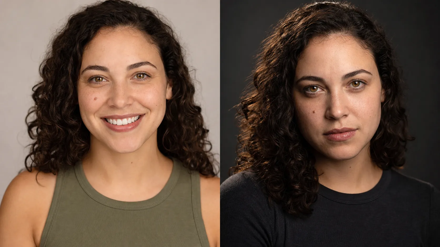 The same actor shown twice as one acting headshot: a warm, bright, smiling commercial look on the left and a serious, directionally lit theatrical look on the right, proving a good headshot still looks like you across both registers.