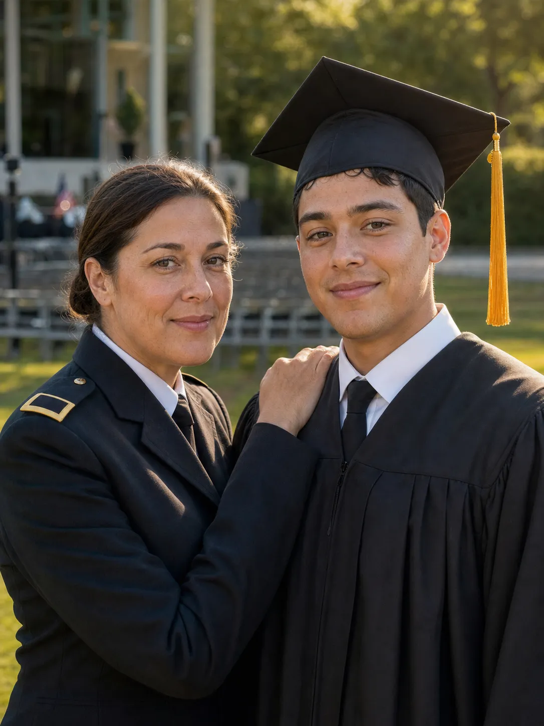 AI-generated graduation portrait of a college graduate in cap and gown standing next to his deployed parent in generic dark dress uniform, her face identity-locked from a separate uploaded reference photo, no readable service-branch insignia, both faces lit by the same warm afternoon ceremony light.