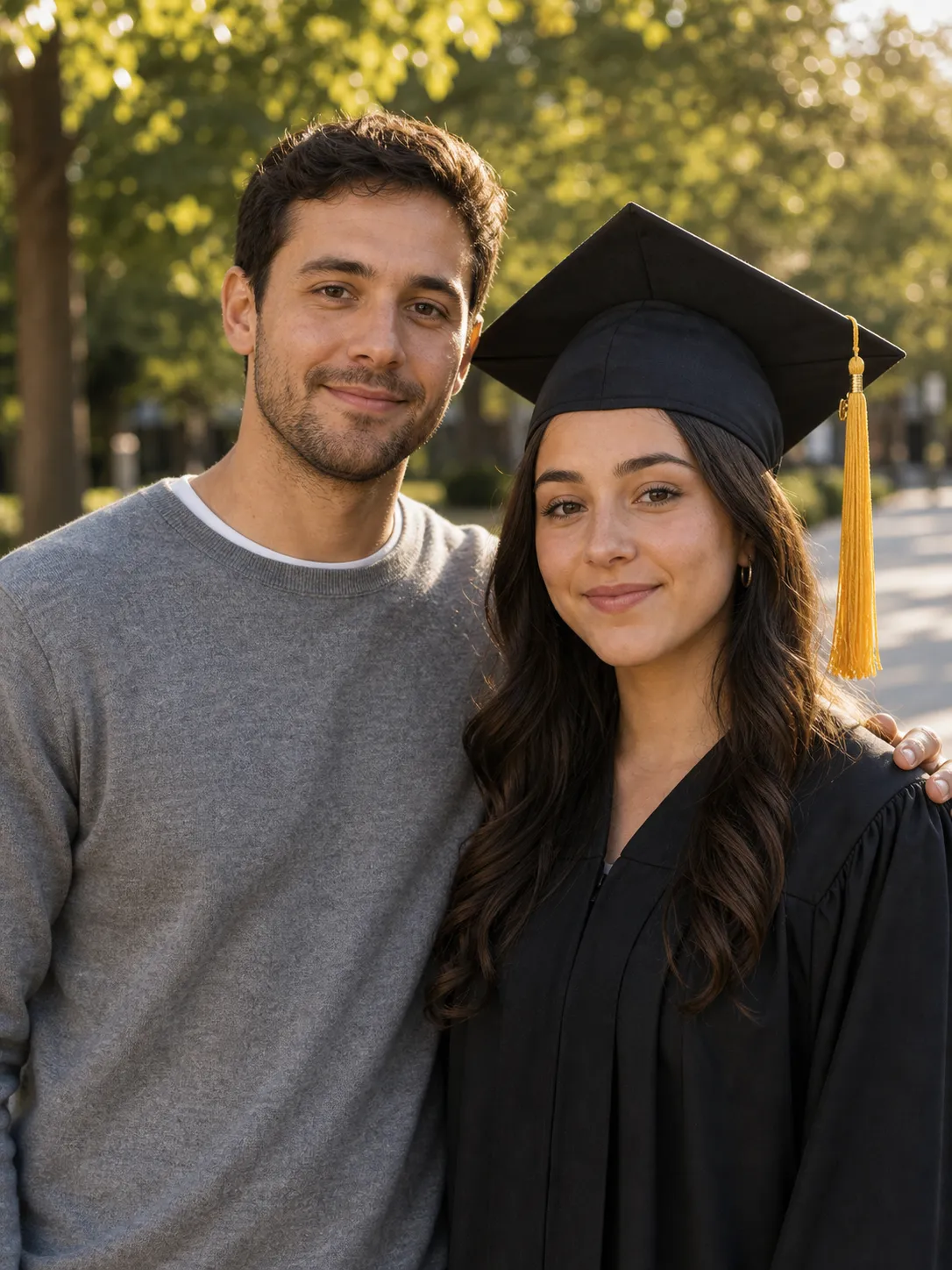 AI-generated graduation portrait of a college graduate in cap and gown standing next to her older brother who couldn't fly in for the ceremony, his face identity-locked from a separate uploaded reference photo, wearing a current-decade heather-grey crewneck sweater, both faces lit by the same warm afternoon ceremony light.