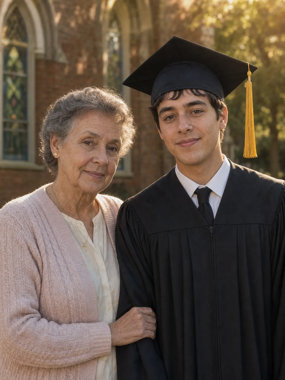 AI-generated graduation portrait of a college graduate in cap and gown standing next to their late grandmother, her face identity-locked from a separate uploaded reference photo, wearing a period-correct mid-1990s soft pink knit cardigan and cream blouse, her actual age lines and skin texture preserved, both faces lit by the same warm afternoon ceremony light.