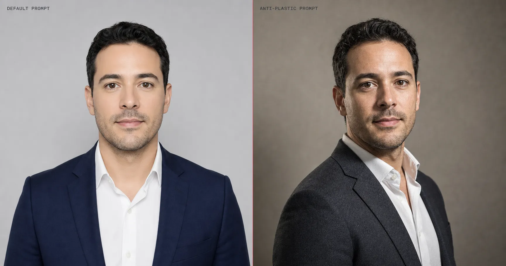 Same founder portrait shown side-by-side. Left half generated with a vague professional-headshot prompt reads as plastic AI default with porcelain skin and flat front-light; right half generated with concrete-parameter prompt language reads as editorial portrait with visible pores, 45-degree directional key light, three-quarter angle, and named wardrobe.