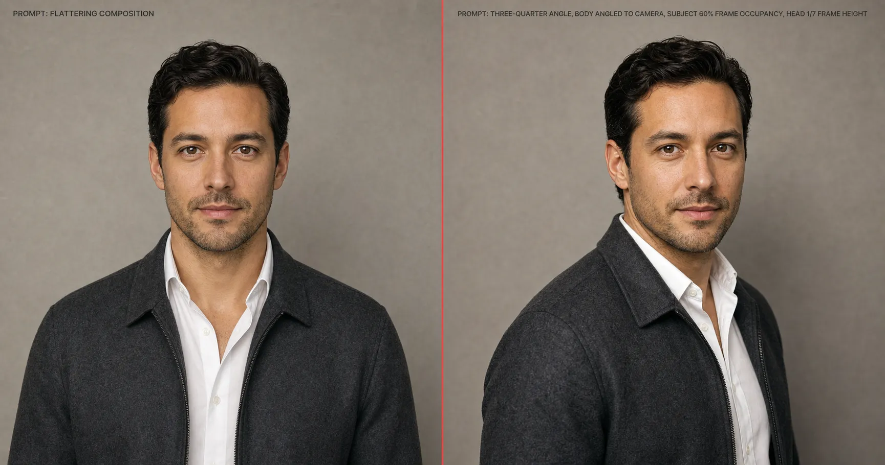 Composition tactic side-by-side: left half prompted with "flattering composition" produces a dead-centered front-facing stock headshot; right half prompted with explicit fractions (three-quarter angle, 60% frame occupancy, head 1/7 frame height) produces a deliberately framed editorial portrait of the same face.