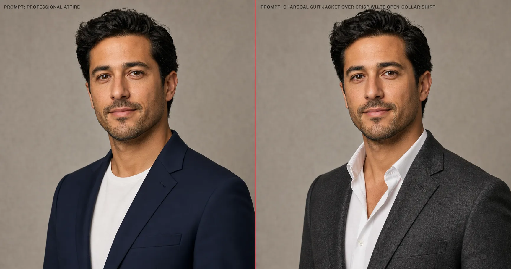 Attire tactic side-by-side: left half prompted with "professional attire" produces the generic AI-default navy blazer with no visible textile texture; right half prompted with "charcoal suit jacket over crisp white open-collar shirt" produces wardrobe that reads as real photographed garments with visible wool weave and cotton fold.