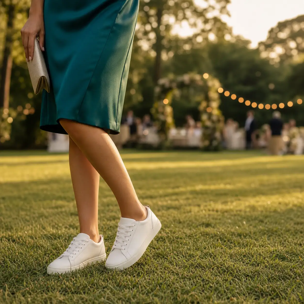 Clean white leather sneakers worn with a dressy knee-length wedding-guest dress on grass at an outdoor wedding in soft golden light.
