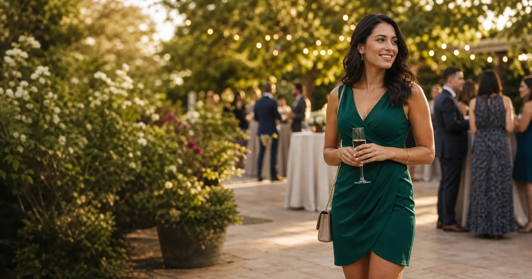 A wedding guest in a deep jewel-tone dress at an outdoor celebration in soft natural light, clearly not wearing white.
