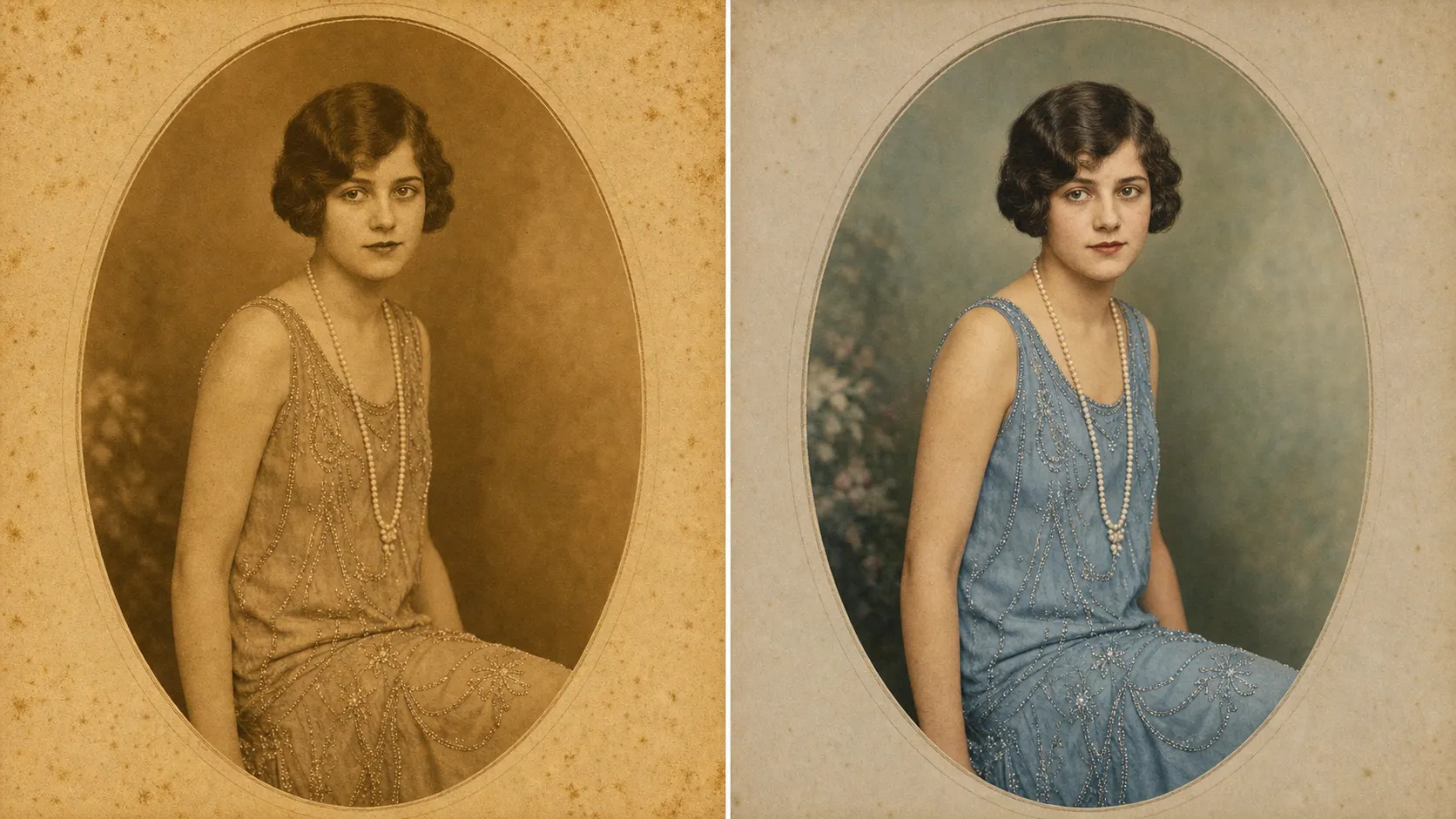 Before/after of a 1920s sepia portrait of a young woman, colorized on the right out of uniform amber sepia into restrained separated period color, dusty-blue beaded dress, warm ivory skin, dark bobbed hair, keeping the same face.