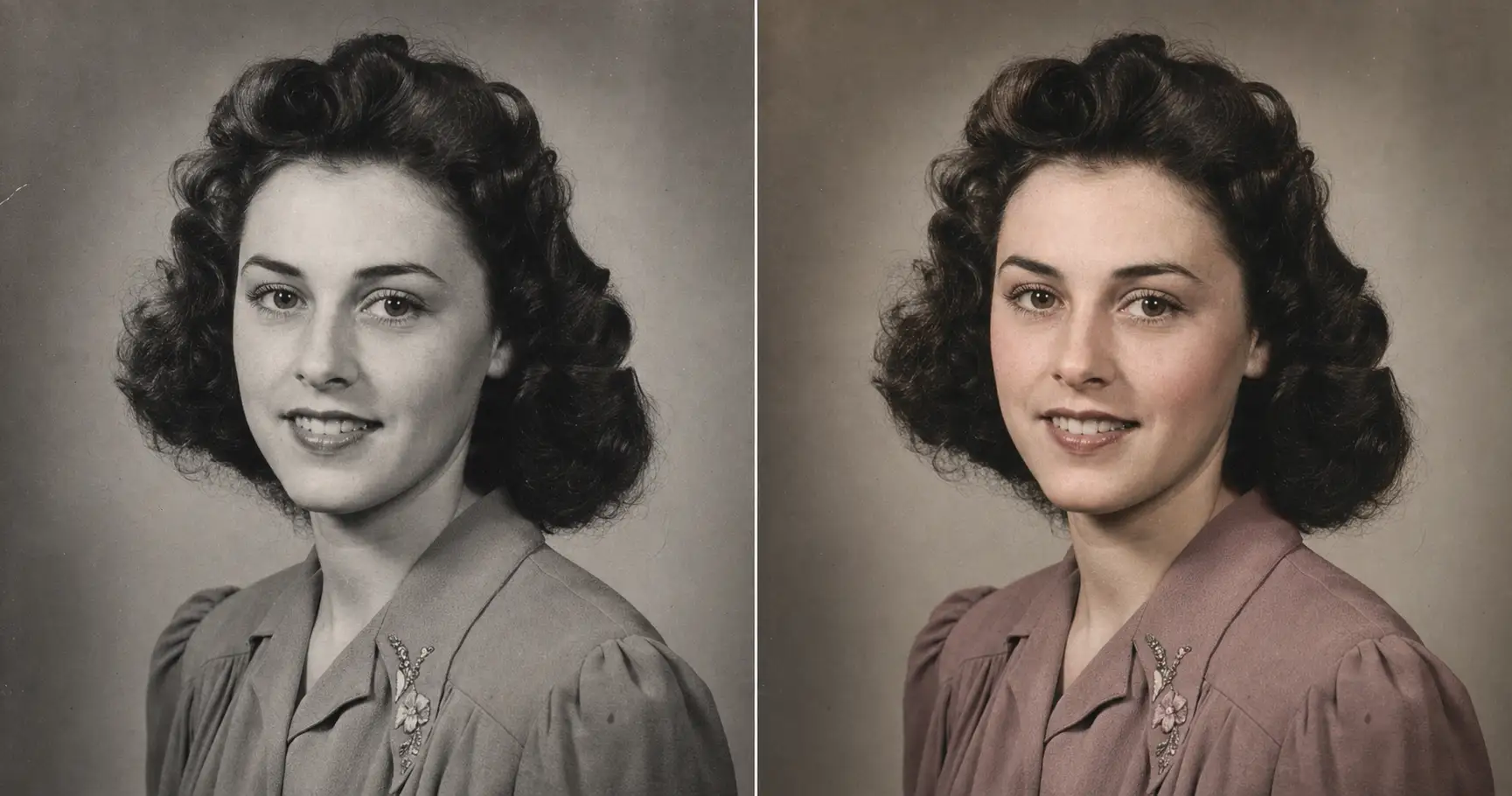 Side-by-side before/after of a 1940s black-and-white studio portrait of a young woman, original on the left in silver-gelatin grey, AI-colorized on the right with restrained period-correct color, muted natural skin tone, soft dusty 1940s clothing dye, dark curled hair, keeping the same face. Visual proof that AI can colorize old photos with believable era-correct color instead of cartoon color.