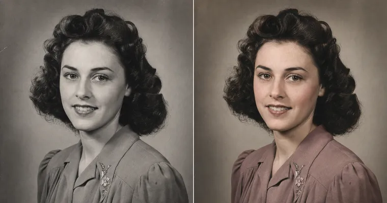 Before and after of an old black-and-white portrait colorized with period-correct color while keeping the same face.