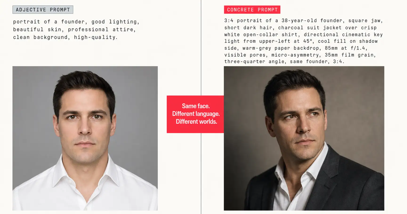 Split-screen comparison: an adjective-only AI prompt producing a porcelain-skin centered portrait on the left, and a concrete-parameter prompt producing the same founder with directional key light, micro-texture, and three-quarter framing on the right, captioned 'Same face. Different language. Different worlds.'