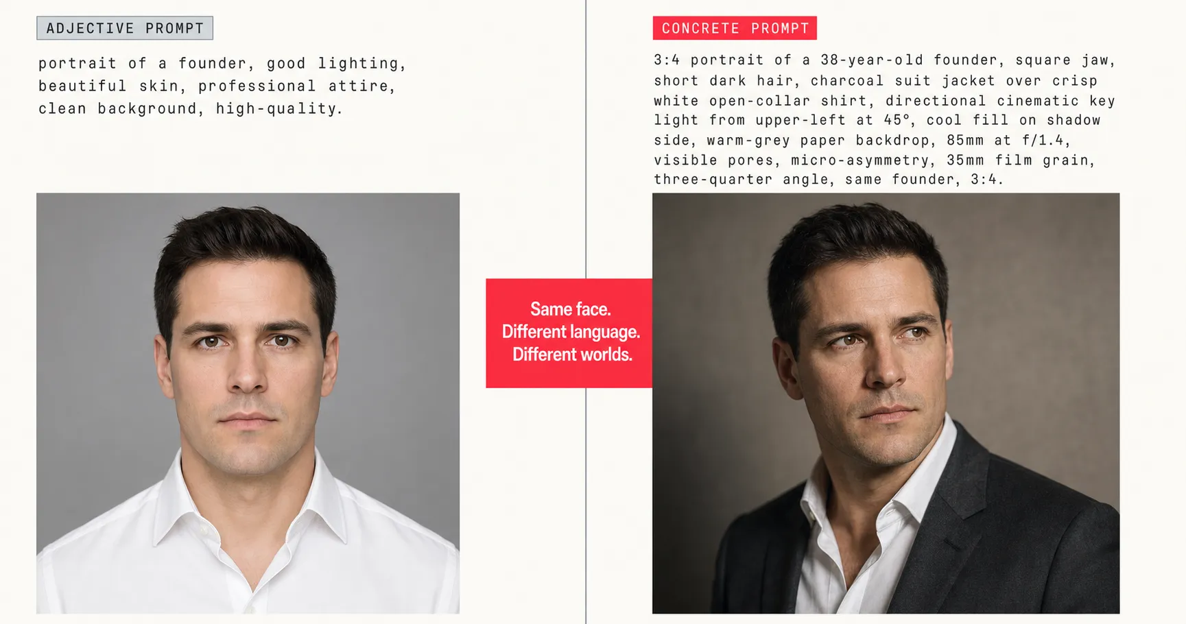 Split-screen comparison: an adjective-only AI prompt producing a porcelain-skin centered portrait on the left, and a concrete-parameter prompt producing the same founder with directional key light, micro-texture, and three-quarter framing on the right, captioned 'Same face. Different language. Different worlds.'