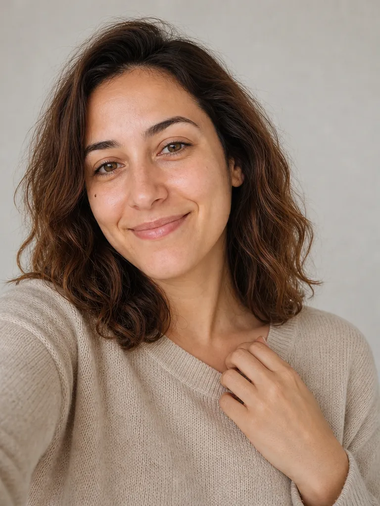 The same woman in identical framing with the phone held above eye level and her face turned three-quarters, a flattering selfie angle.