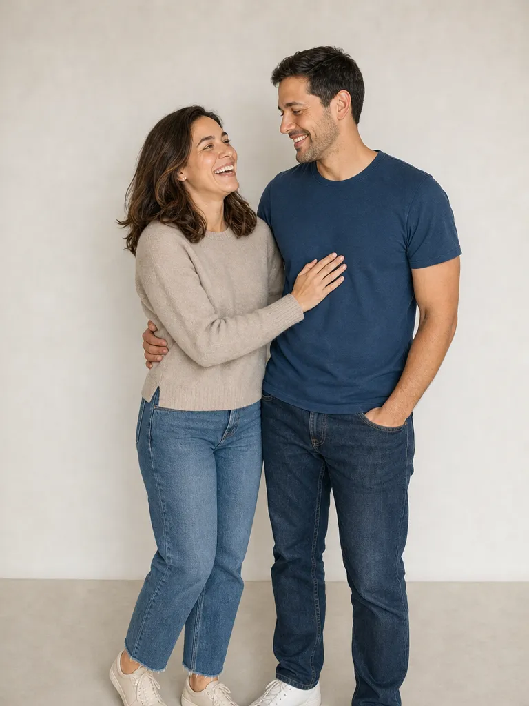 The same couple in the same spot, now turned toward each other and mid-laugh with hands on each other.