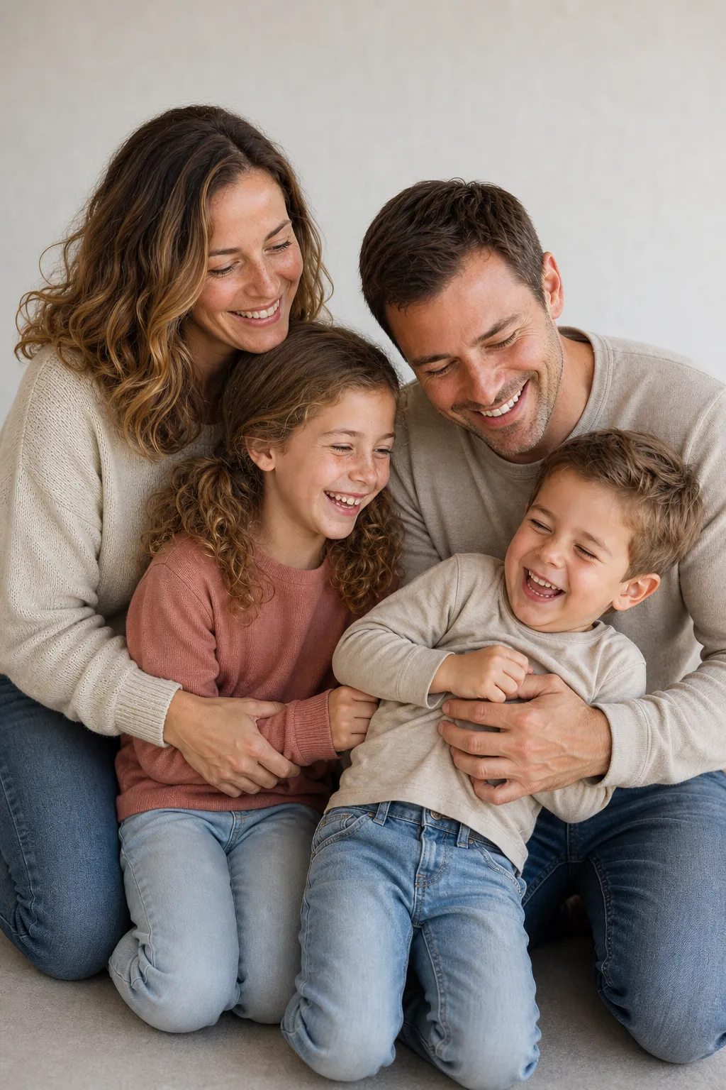 The same family clustered close at staggered heights, parents crouched with arms around the kids, everyone mid-laugh.