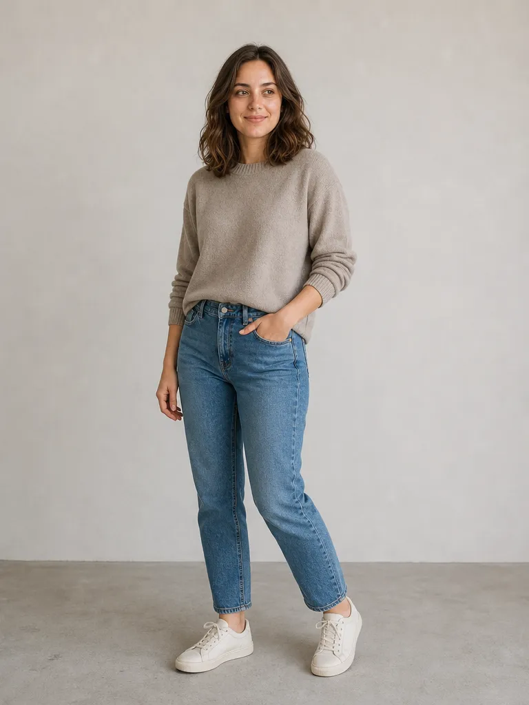 The same woman in the same spot, now turned at a relaxed angle with one hand in her pocket and an easy half-smile.