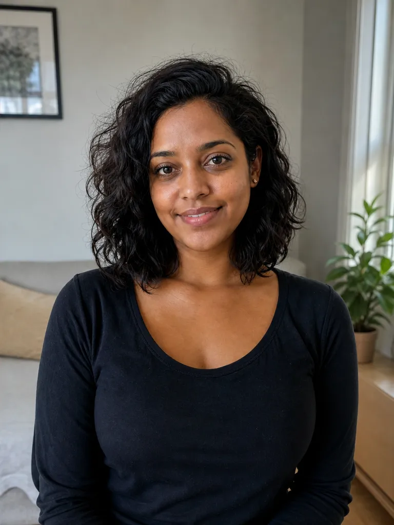 The same woman in a flattering propped-camera shot a few feet back near a window, relaxed and natural.
