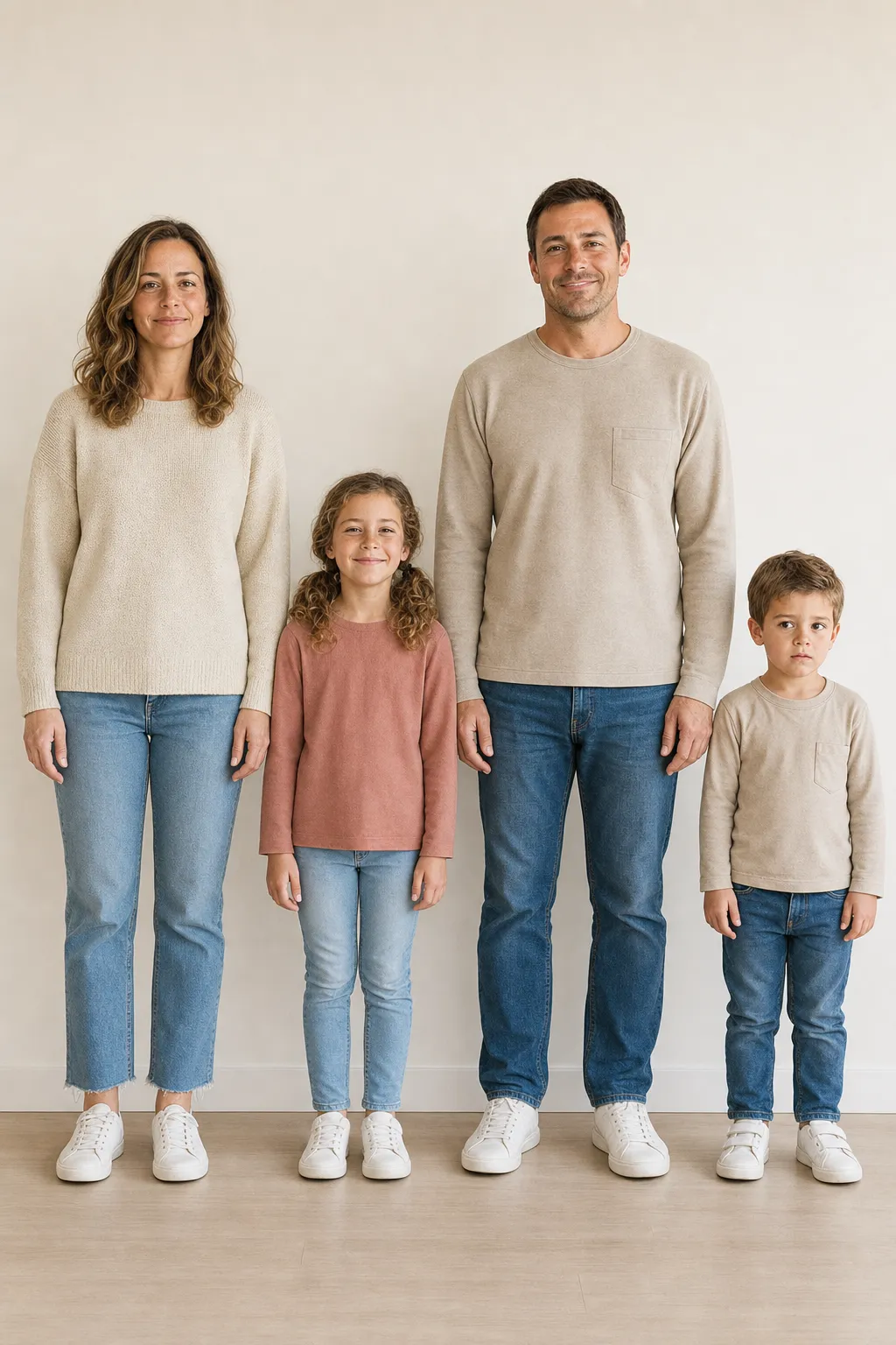 A family of four standing stiffly in a straight line, evenly spaced and not touching, arms at their sides with frozen forced smiles.