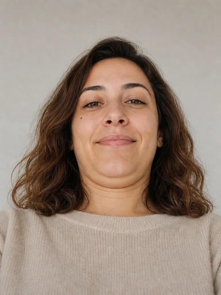 The same woman taking a selfie with the phone held low and pointing up, face flat to the lens with a tucked chin, an unflattering selfie angle.