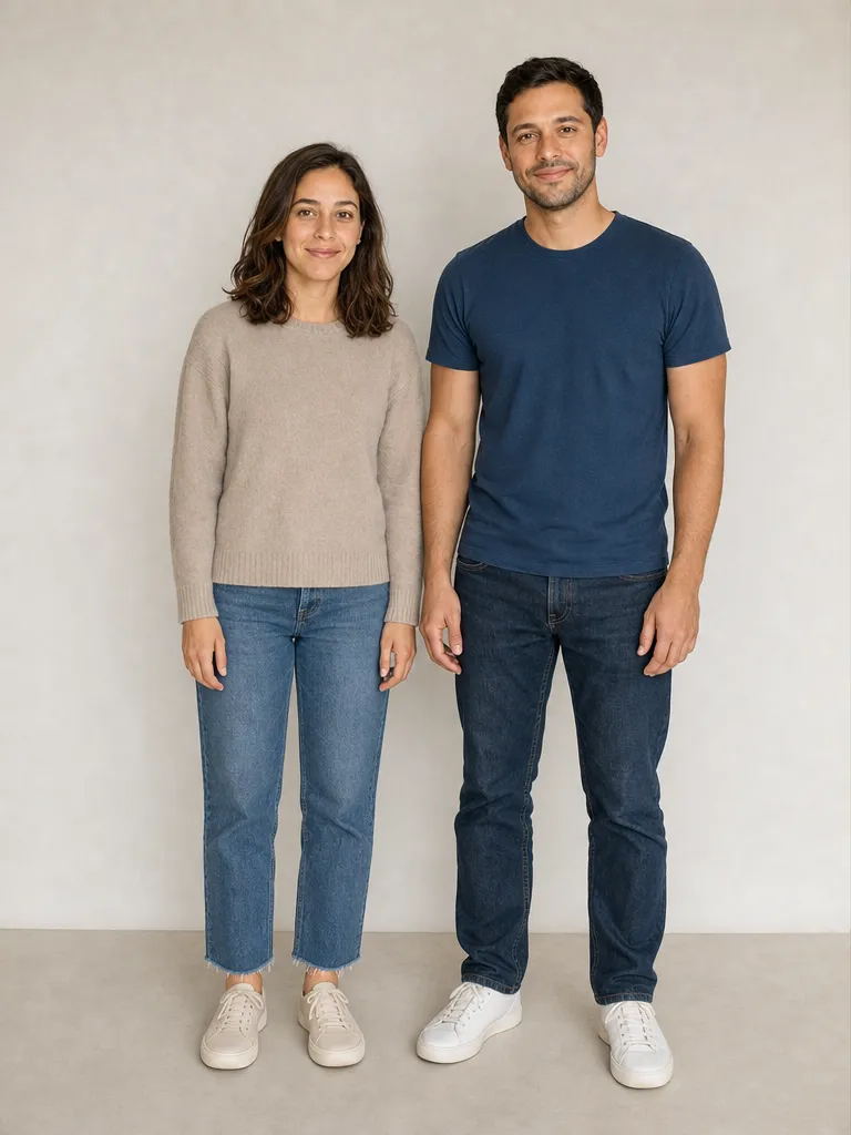 A couple standing stiffly side by side, flat to the camera with frozen smiles and arms hanging at their sides.