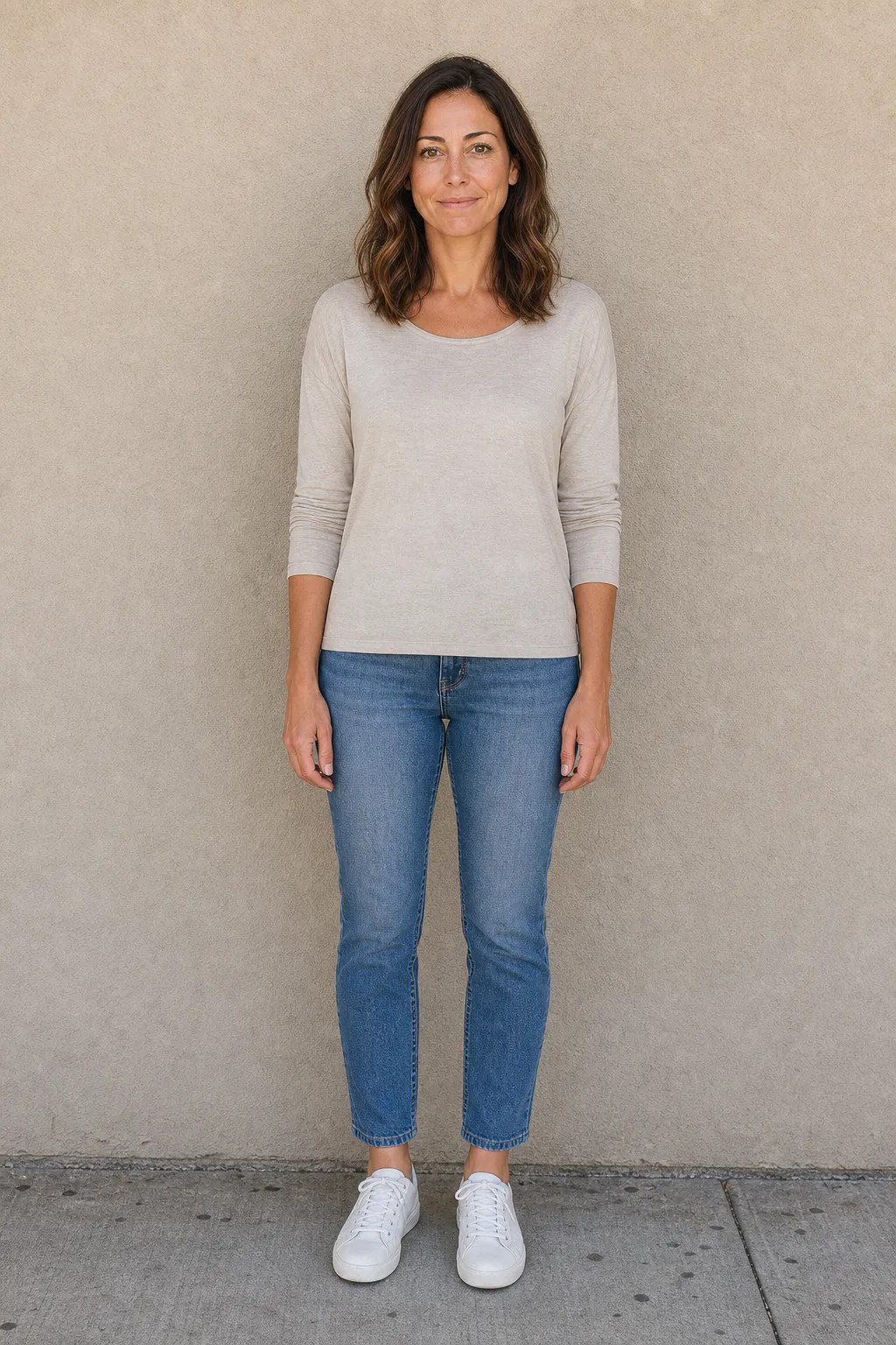 A woman standing stiffly square to the camera, arms at her sides with a frozen forced smile.