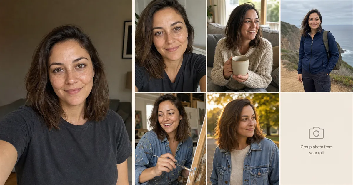 An input-versus-output split composite showing one casual reference selfie of a 30-year-old woman with shoulder-length brown hair and slight freckles on the left, paired with a 2x3 grid of six dating-profile photo tiles on the right that are identity-locked to the same face: close-up candid selfie, at-home cozy lifestyle on a linen couch, outdoor full-body candid on a coastal cliff path, mid-action hobby painting at an easel, golden-hour outdoor portrait on a maple-shaded park path, and one cream placeholder card labeled group photo from your roll, demonstrating the 1-selfie identity-anchor workflow that turns one input into a full six-photo dating-app pack.
