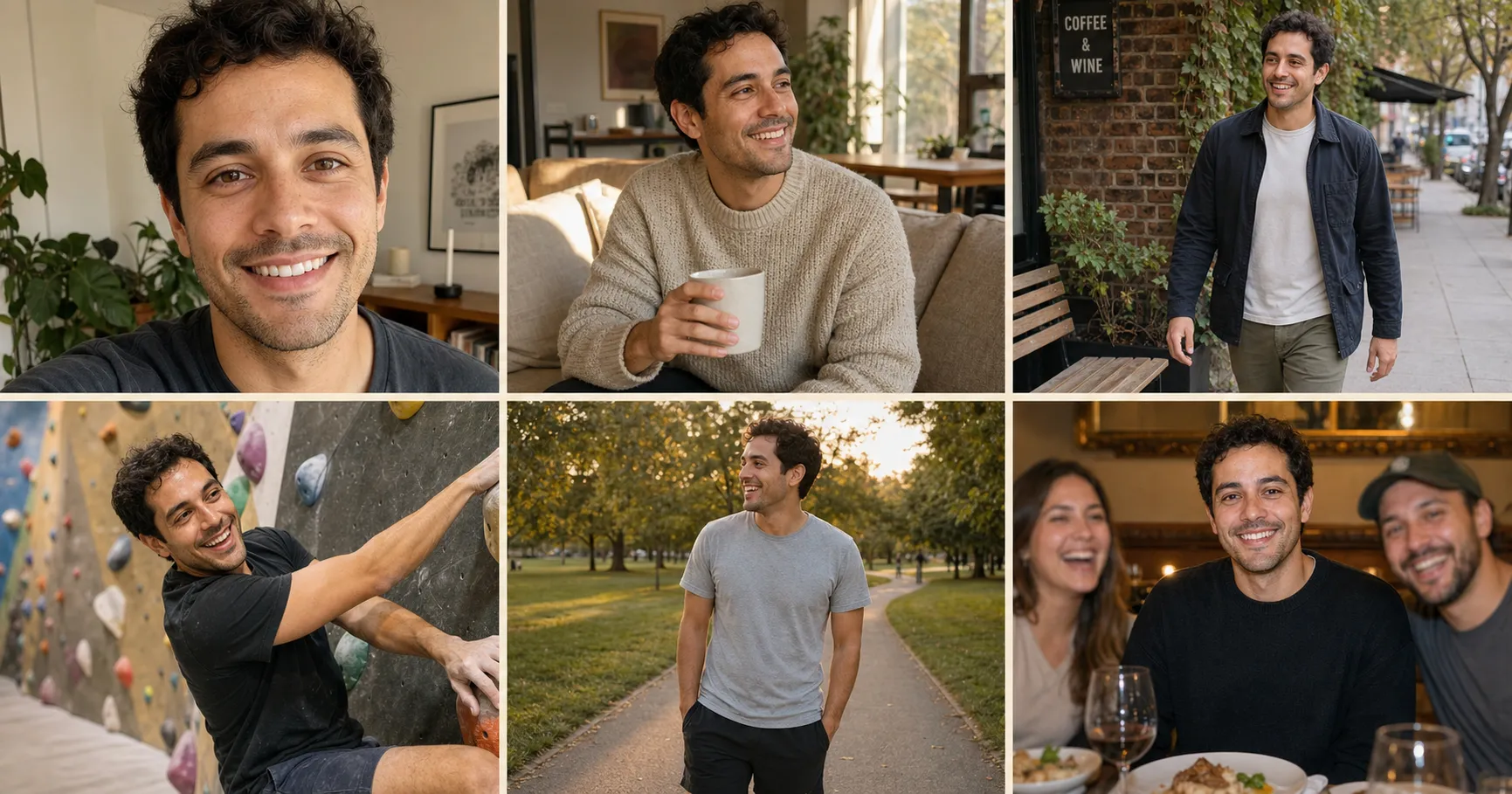 Six dating profile photo examples of the same person arranged as a 2x3 Hinge-style profile grid, showing five identity-locked AI-rendered photo archetypes (close-up smile selfie, at-home cozy lifestyle, outdoor candid, mid-action hobby, full-body outdoor) plus one group-photo placeholder, all visibly the same face across the grid, demonstrating the photo variety that dating-app algorithms reward.