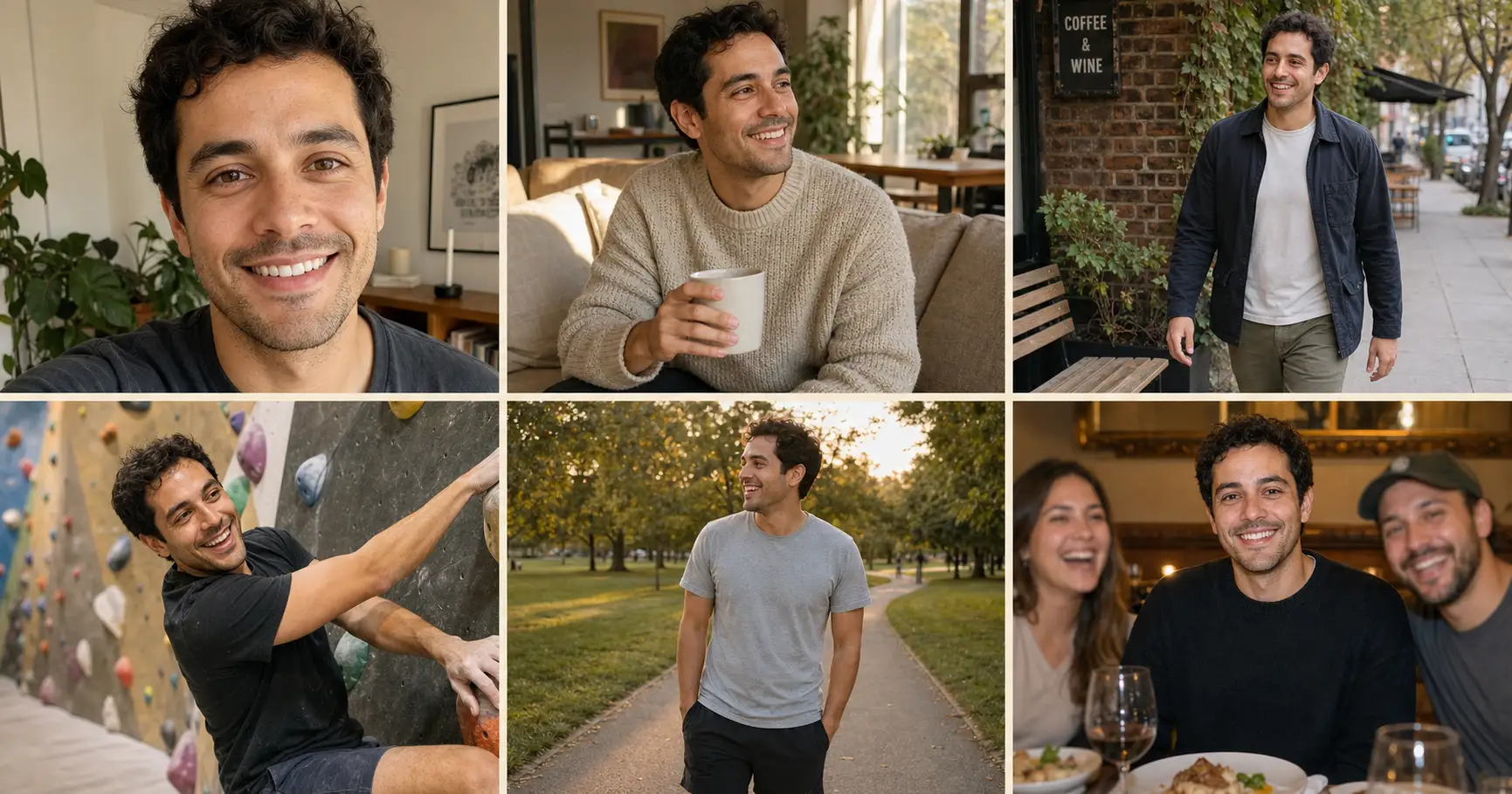 Six dating profile photo examples of the same person arranged as a 2x3 Hinge-style profile grid, showing five identity-locked AI-rendered photo archetypes (close-up smile selfie, at-home cozy lifestyle, outdoor candid, mid-action hobby, full-body outdoor) plus one group-photo placeholder, all visibly the same face across the grid, demonstrating the photo variety that dating-app algorithms reward.