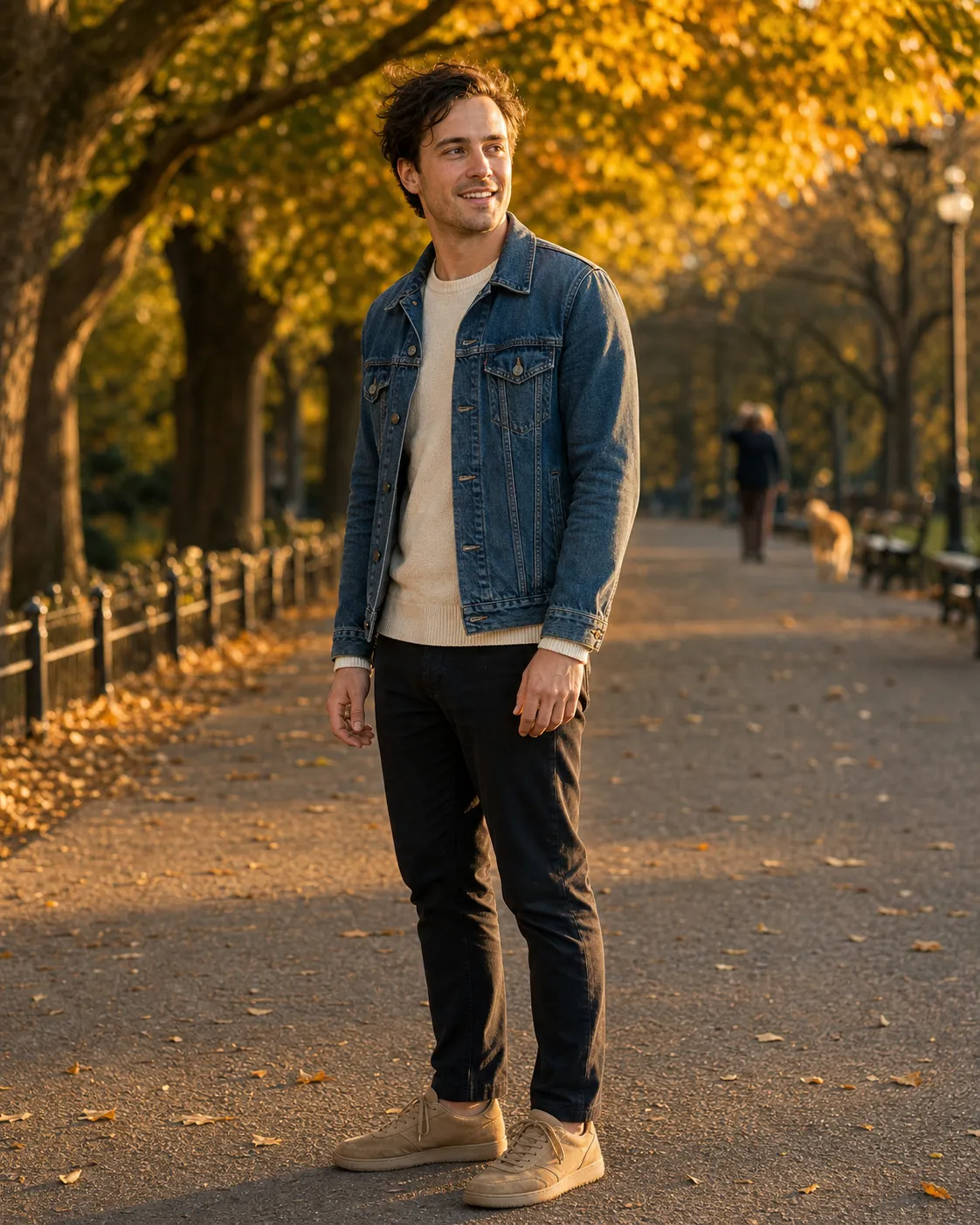 Dating profile photo example #5: a golden-hour outdoor portrait of a 30-year-old person standing on a maple-shaded park path in a denim jacket and cream sweater, head turned off-camera mid-smile, identity-locked to the same person shown in the previous four photo examples, demonstrating the multi-scene profile-pack consistency rule that locks the face across all six photos in the dating-app profile.