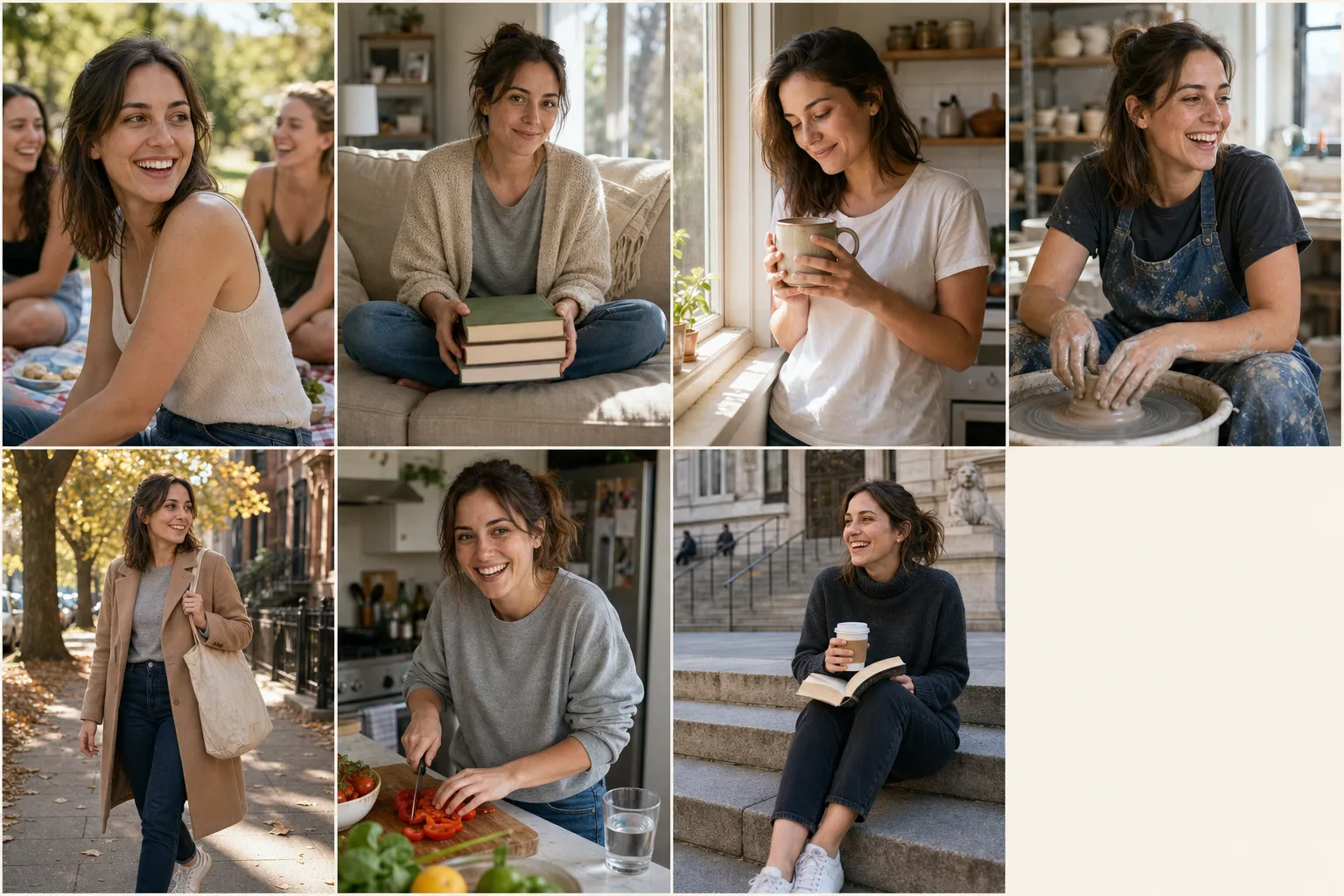 A seven-tile composite grid showing the same 30-year-old woman with shoulder-length brown hair, brown eyes, and slight visible freckles on her cheekbones, rendered as seven different dating-profile-photo archetypes (the unposed-with-friends, the at-home-not-glam, the morning-coffee-window, the hobby-mid-laugh, the walking-not-standing, the kitchen-not-mirror, and the outdoor-not-vacation) with one empty cream cell labeled FaceTune-to-real downgrade rule, demonstrating identity-locked dating photos that read as real Tuesday phone shots rather than ring-light filtered selfies.