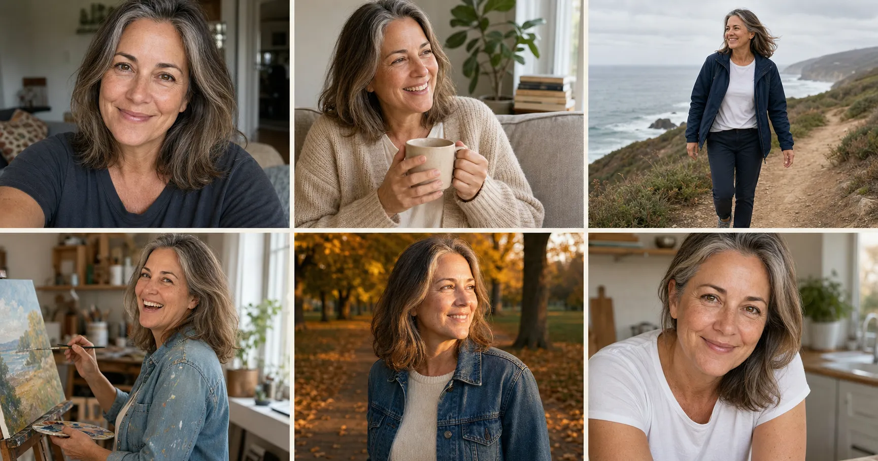 A six-tile dating profile photo grid of the same 50-year-old woman with grey-streaked shoulder-length hair, visible nasolabial lines, and mid-50s skin texture, arranged as a 2-row by 3-column Hinge-style profile pack showing close-up at-home, cozy couch with coffee, outdoor coastal cliff path full-body, mid-action painting at an easel, golden-hour park path, and sunlit kitchen counter, every tile preserving the same age markers, demonstrating the aging-preservation rule line held identity-locked across the entire profile.