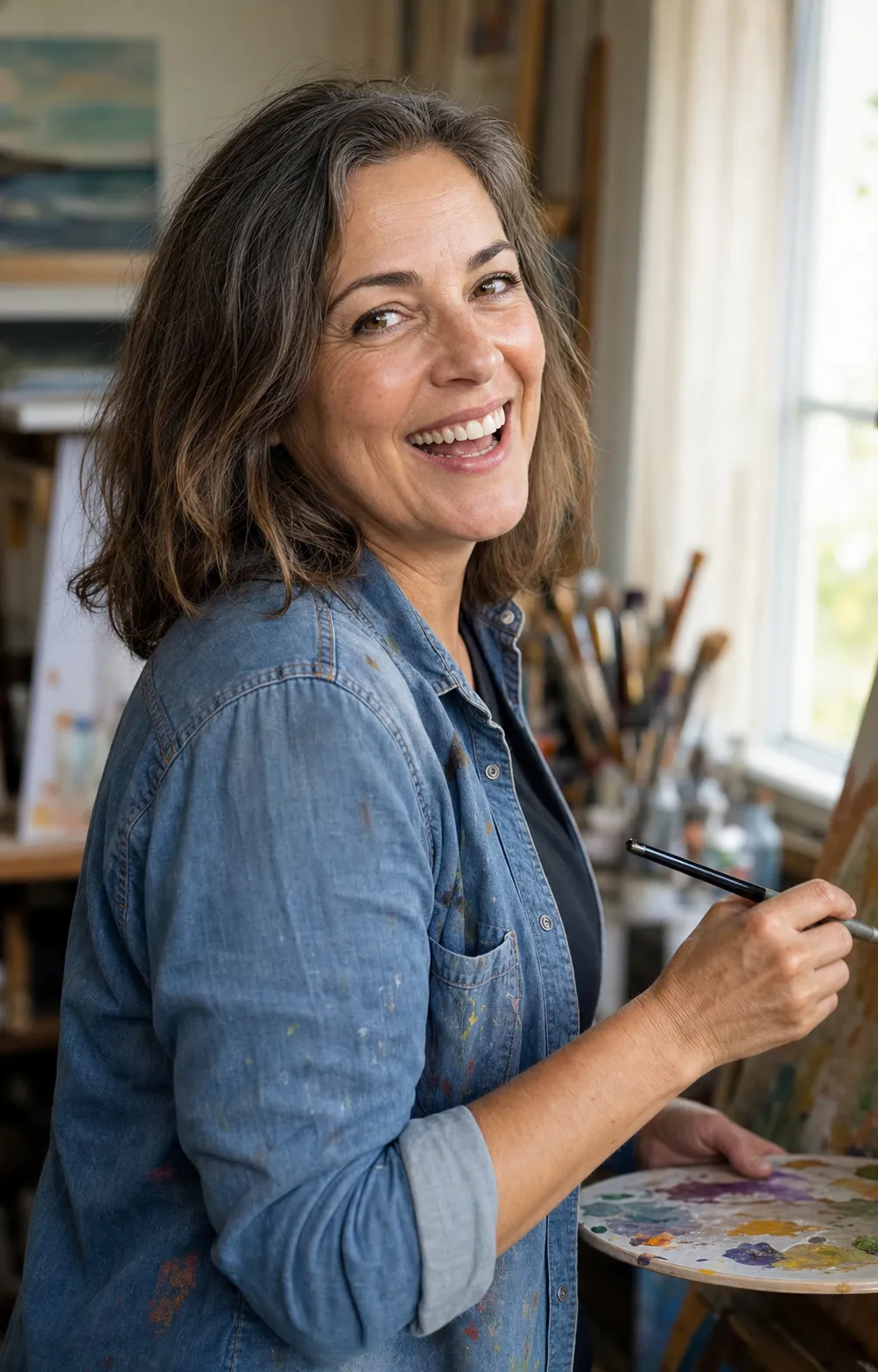 Mid-action hobby candid of the same 50-year-old woman from the hero pack, caught mid-laugh while painting at an easel in a window-lit home art studio in a paint-flecked denim shirt, grey-streaked hair pushed back, brush in right hand mid-stroke, visible nasolabial lines and mid-50s skin texture preserved — the hobby-slot of an over-40 dating profile rendered with the aging-preservation rule held.