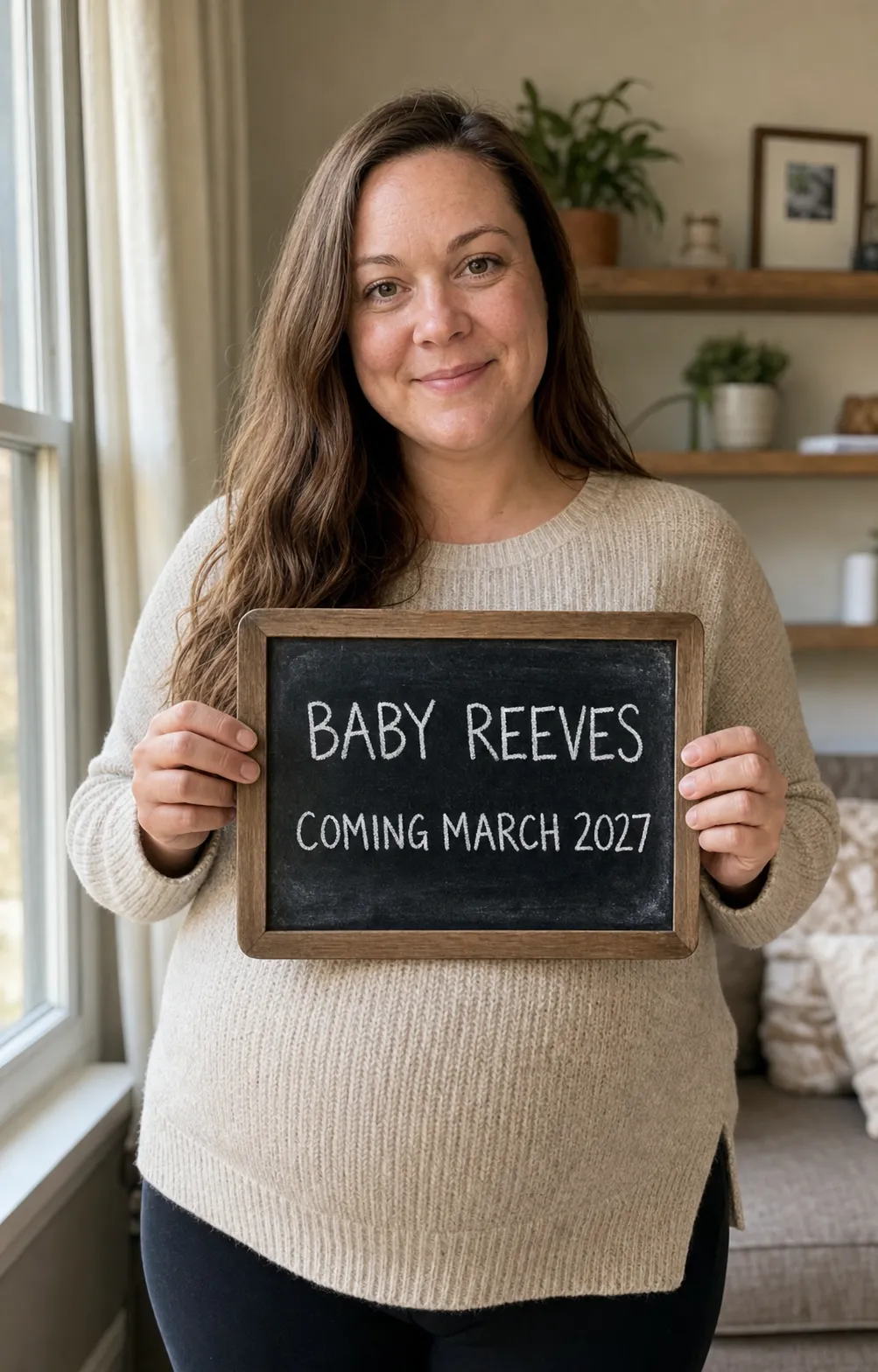 The after example: the same person, identity-locked, with real skin texture and clean chalkboard text reading Baby Reeves, Coming March 2027.