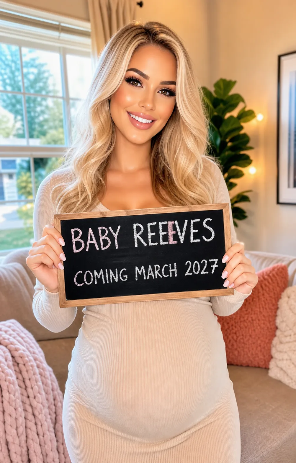 The before example: a plastic, waxy, over-beautified AI announcement with poreless skin and slightly garbled chalkboard text.