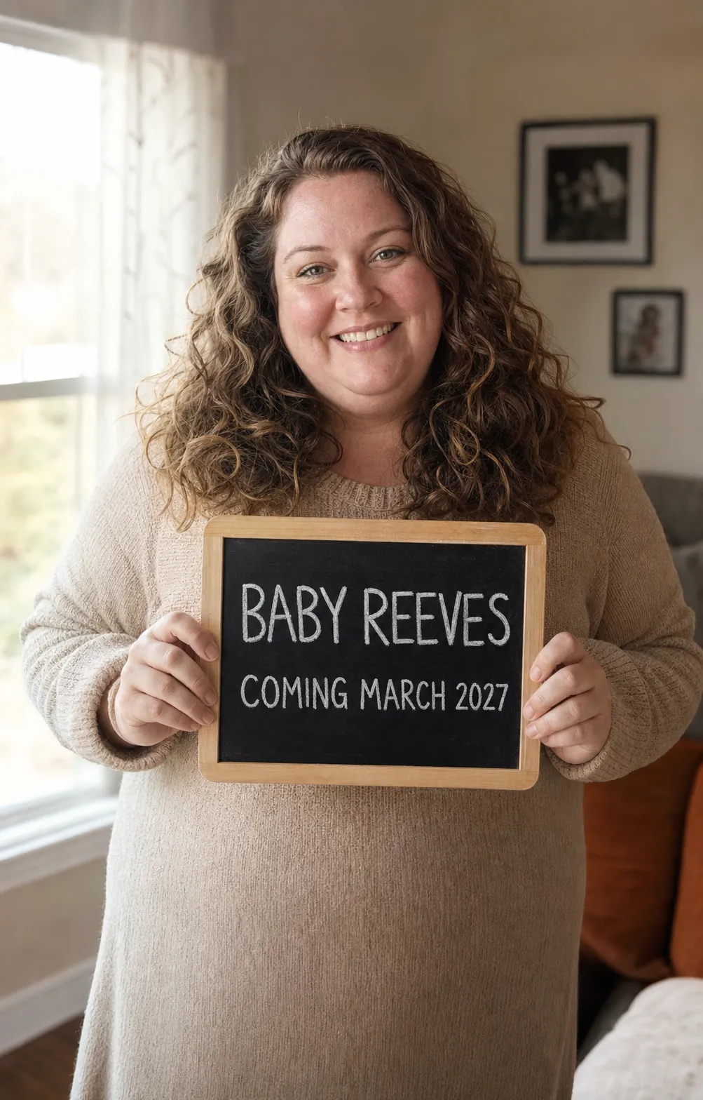 Same uploaded photo, vibe one: the expecting parent in a living room holding a chalkboard reading Baby Reeves, Coming March 2027.