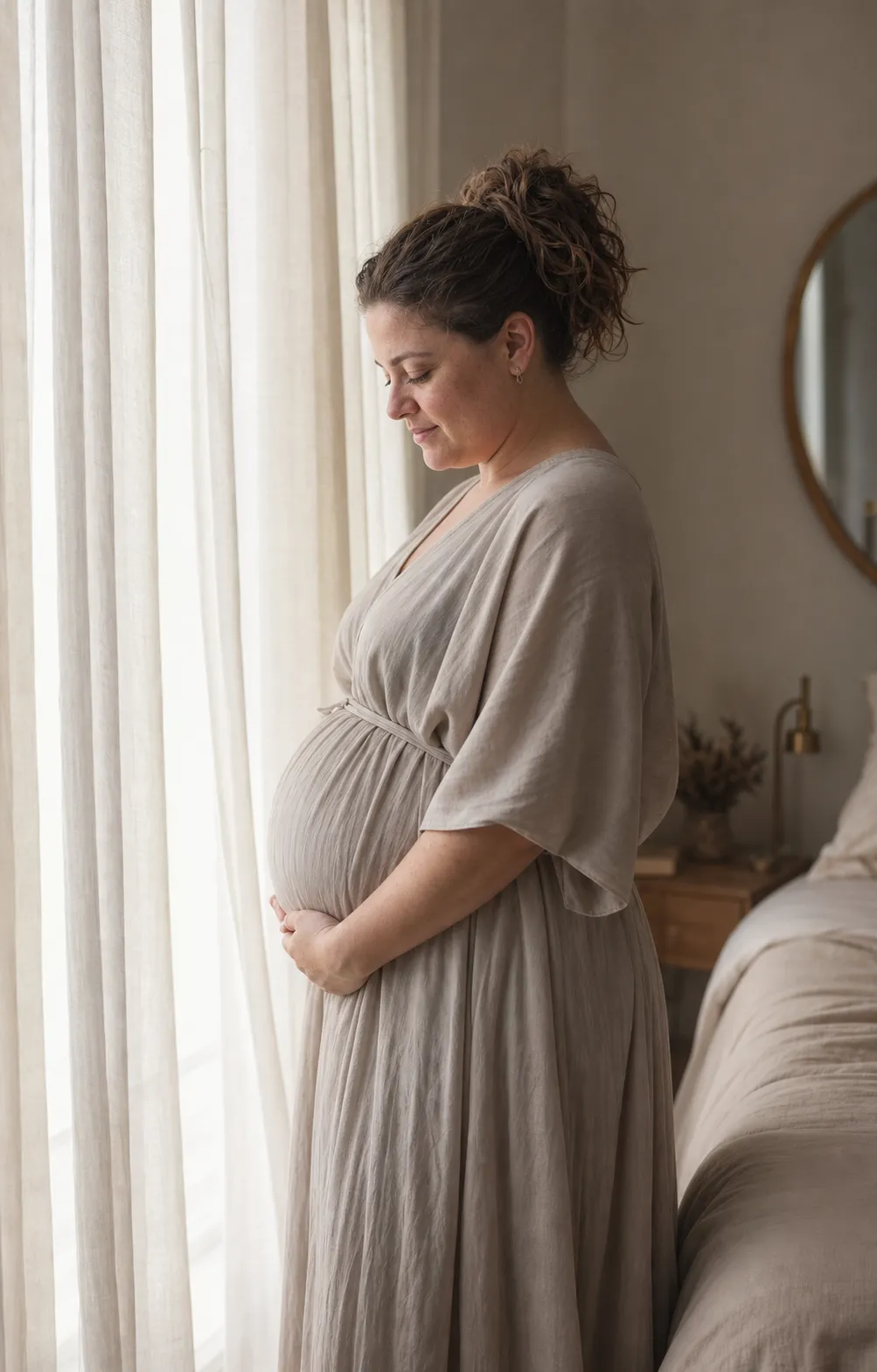 Same uploaded photo, vibe two: a soft editorial maternity-style portrait by a bedroom window, hand resting low, no text.
