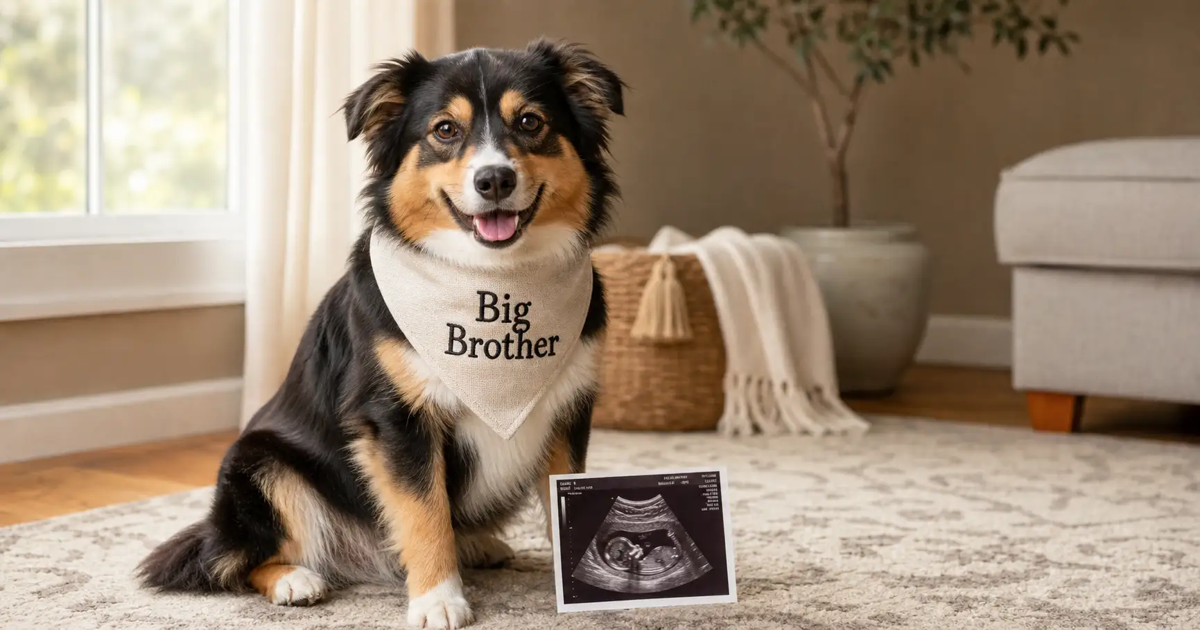 A dog wearing a Big Brother bandana with a sonogram between its paws, a pregnancy announcement made from one photo of the dog.