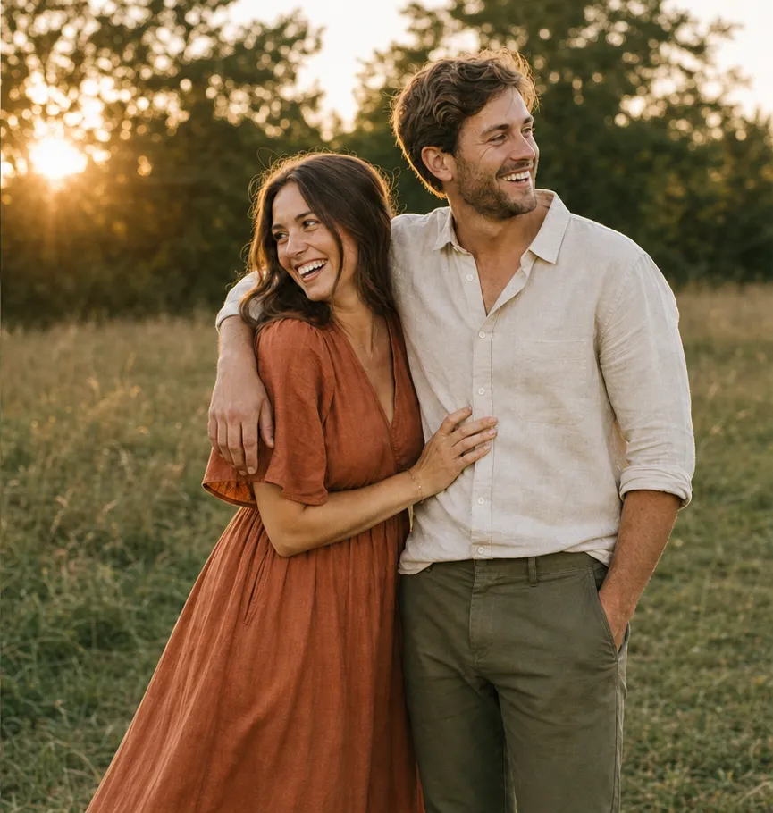 The same engaged couple in coordinated outfits from one warm palette, she in a terracotta dress and he in a cream shirt with olive trousers.