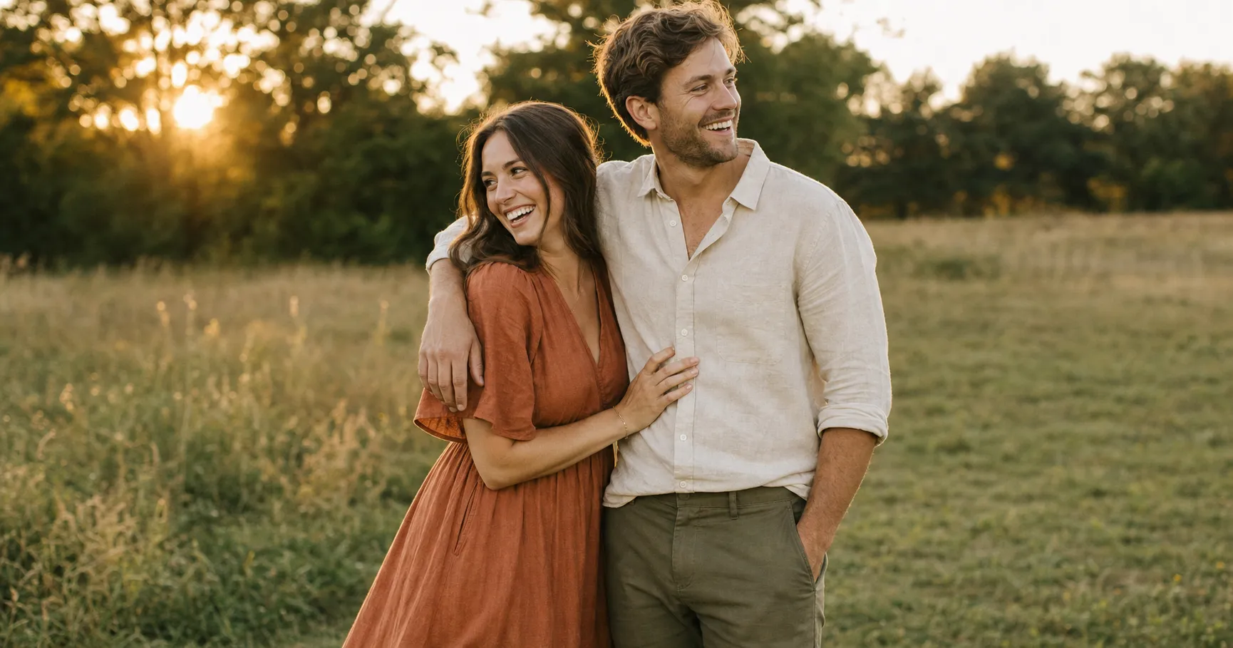 An engaged couple in coordinated but not matching outfits, she in a terracotta linen dress and he in a cream shirt and olive trousers from one shared warm palette, laughing together outdoors in soft golden-hour light.