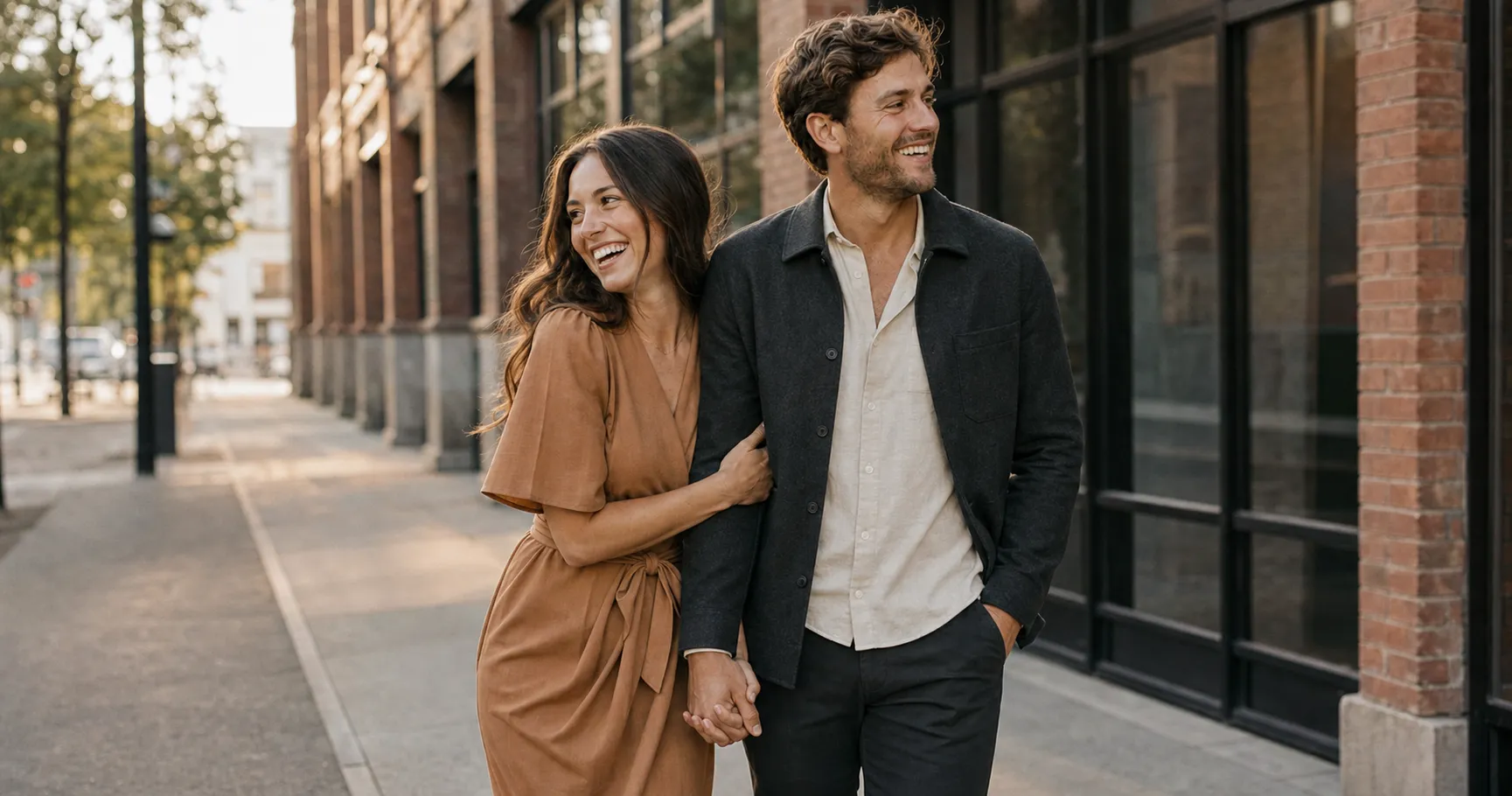 The same engaged couple at an urban shoot in a city-tuned palette, she in a structured camel dress, he in charcoal over cream, cleaner lines for the setting.