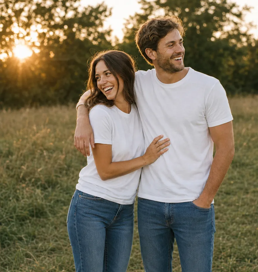 The same engaged couple in matching plain white t-shirts and blue jeans, standing in a meadow at golden hour.