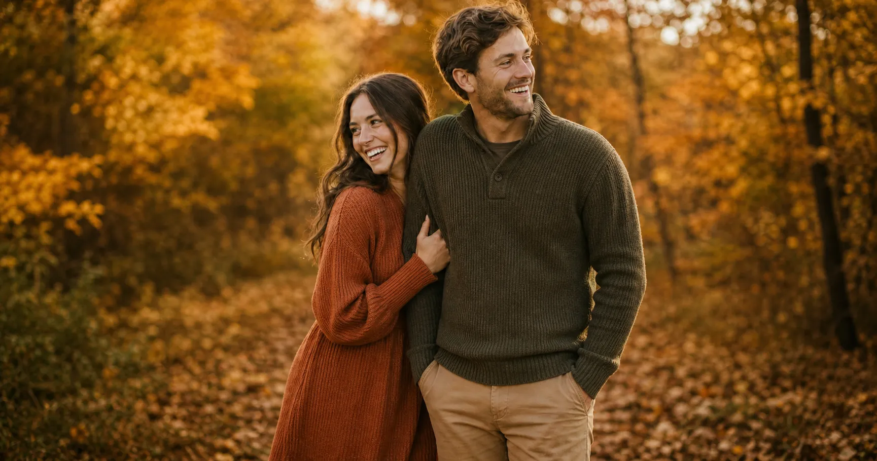 The same engaged couple at an autumn shoot in fall earth tones, she in a rust knit dress, he in a forest-green sweater and tan trousers, mixed textures.
