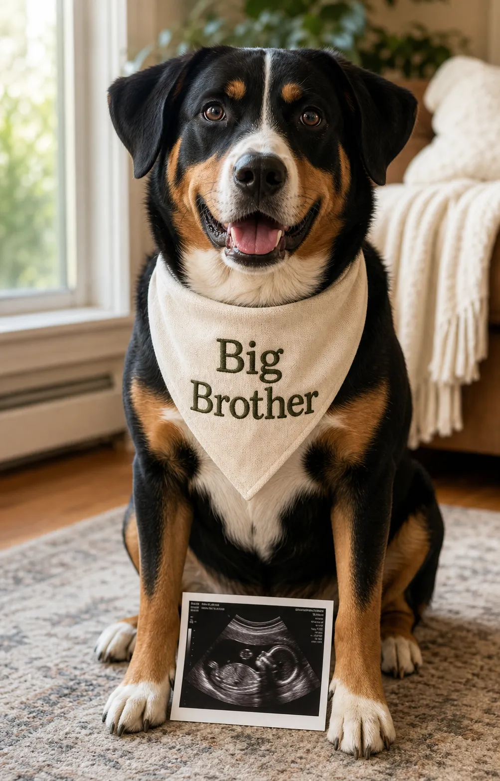 A dog wearing a Big Brother bandana with a sonogram resting between its front paws on a living-room rug.