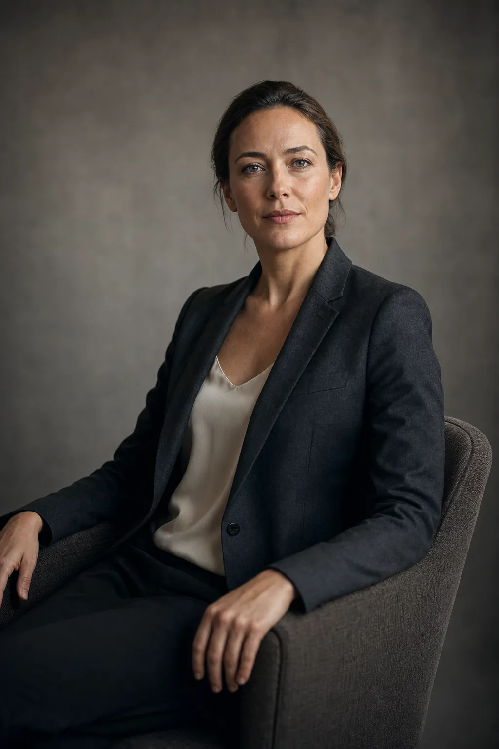 Cinematic editorial AI founder portrait of a 38-year-old female solo strategy consultant in a charcoal blazer and cream silk shell, seated three-quarters to camera against a warm-grey paper backdrop with 85mm shallow depth of field, identity-locked through the realistic AI headshot prompt.