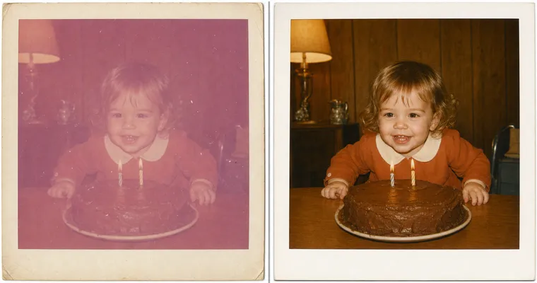 Before and after of a 1972 toddler Polaroid with heavy magenta fade and dust, restored to clean warm color while keeping the same child.