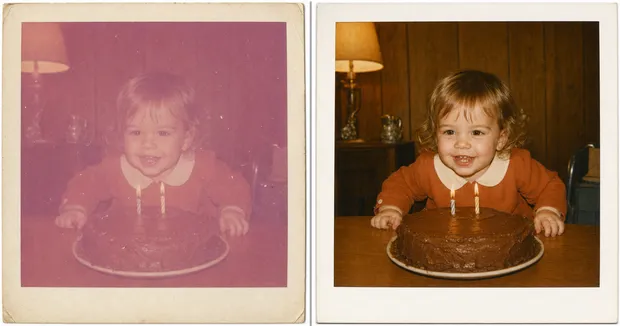 A faded 1972 Polaroid restored to clean warm color, same child.