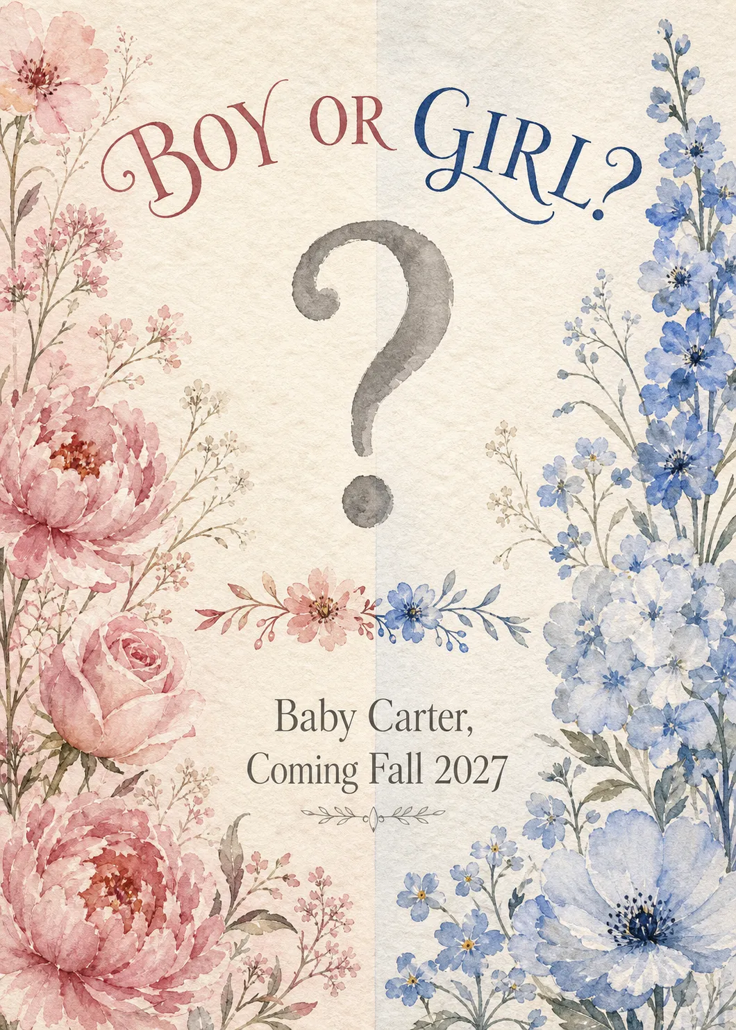 A watercolor gender reveal card split 50/50 pink and blue with a big hand-lettered question mark and a Boy or Girl headline.