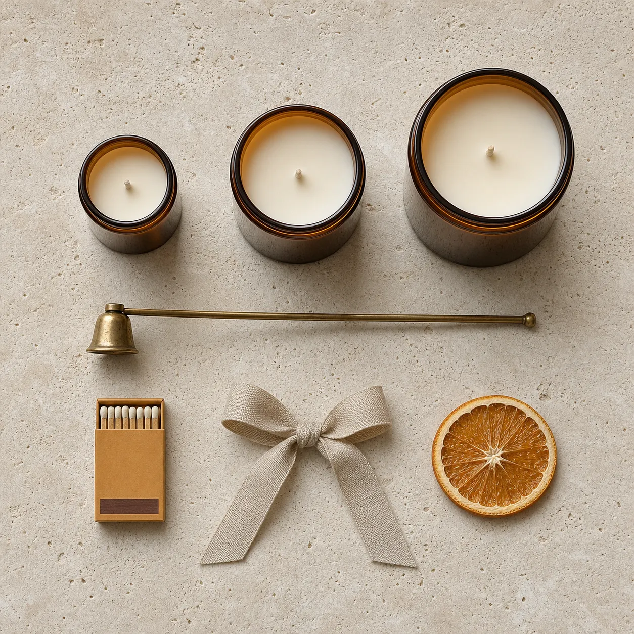 Top-down knolling flat-lay of a handmade Etsy candle bundle on pale travertine — three amber-glass candles, a brass snuffer, a matchbook, a linen ribbon, and a dried orange slice — AI-generated example of the slot-4 what's-included listing photo for a candle maker.