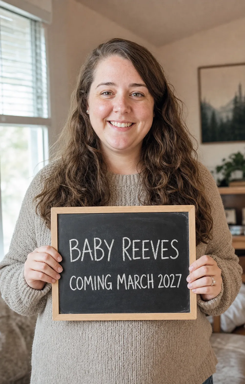 A warmly-lit pregnancy announcement portrait: the expecting parent holding a chalkboard reading Baby Reeves, Coming March 2027.