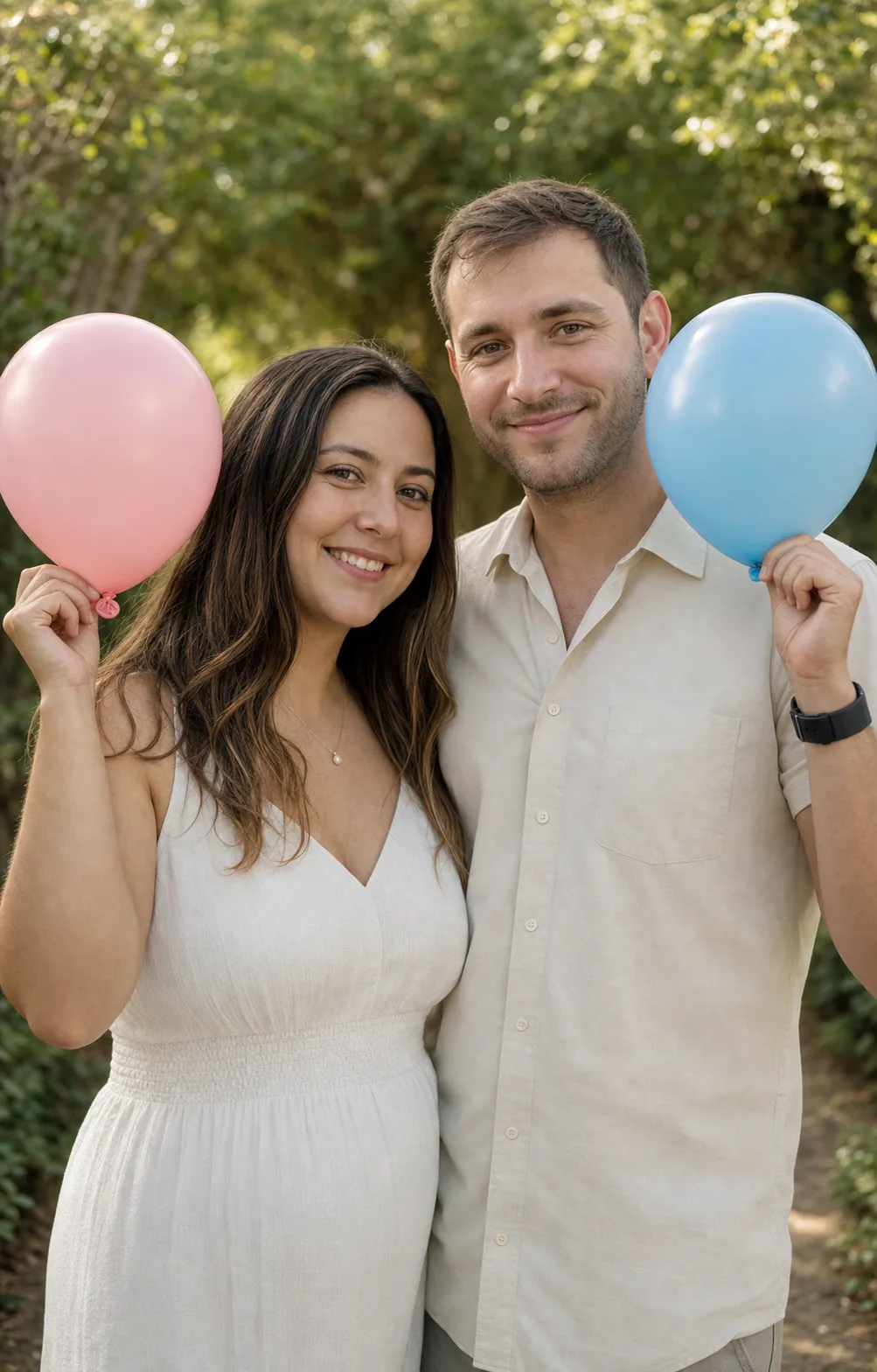A couple standing outdoors on a garden path, one holding a soft pink balloon and the other a soft blue balloon beside their faces.
