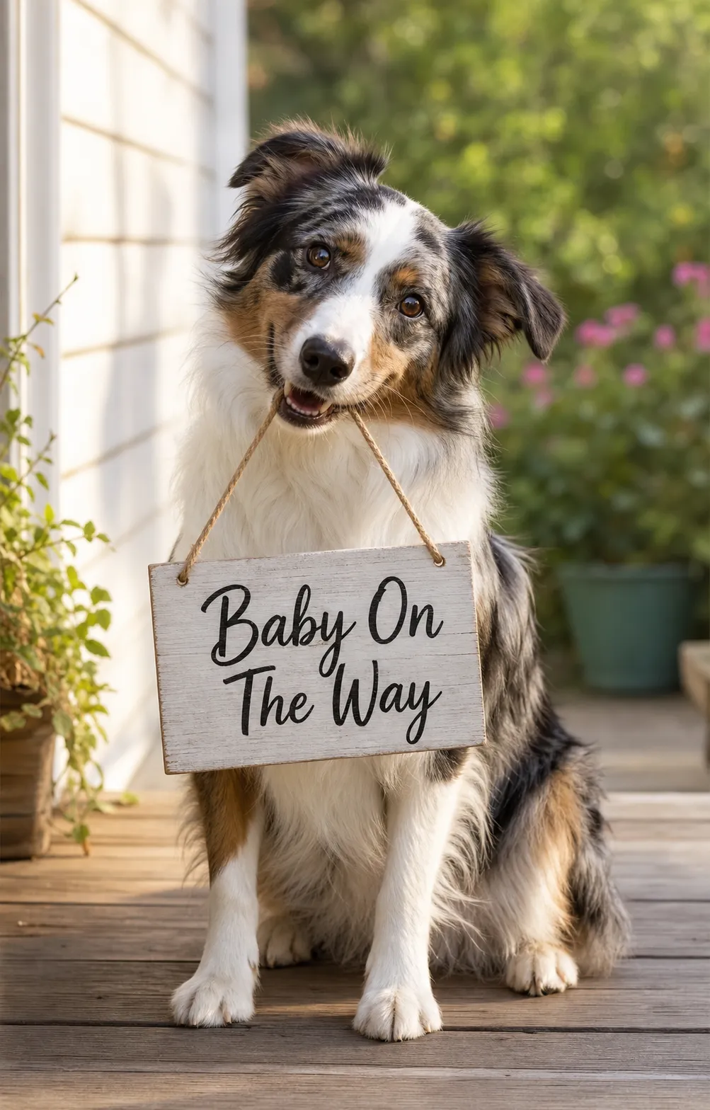 A dog holding a small wooden Baby On The Way sign in its mouth on a sunny porch.