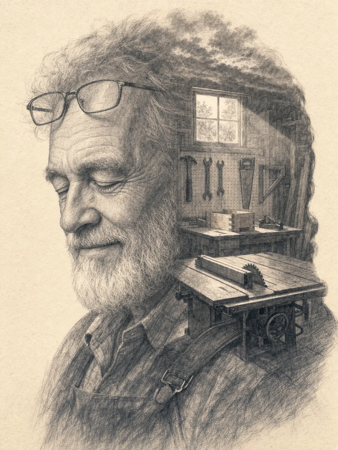 Pencil-sketch double-exposure portrait of a grandfather's face on warm cream paper, with a workshop interior including a table saw, hanging hand tools, and a workbench revealed inside his silhouette, the grandpa-workshop variant of the AI Father's Day gift prompt.